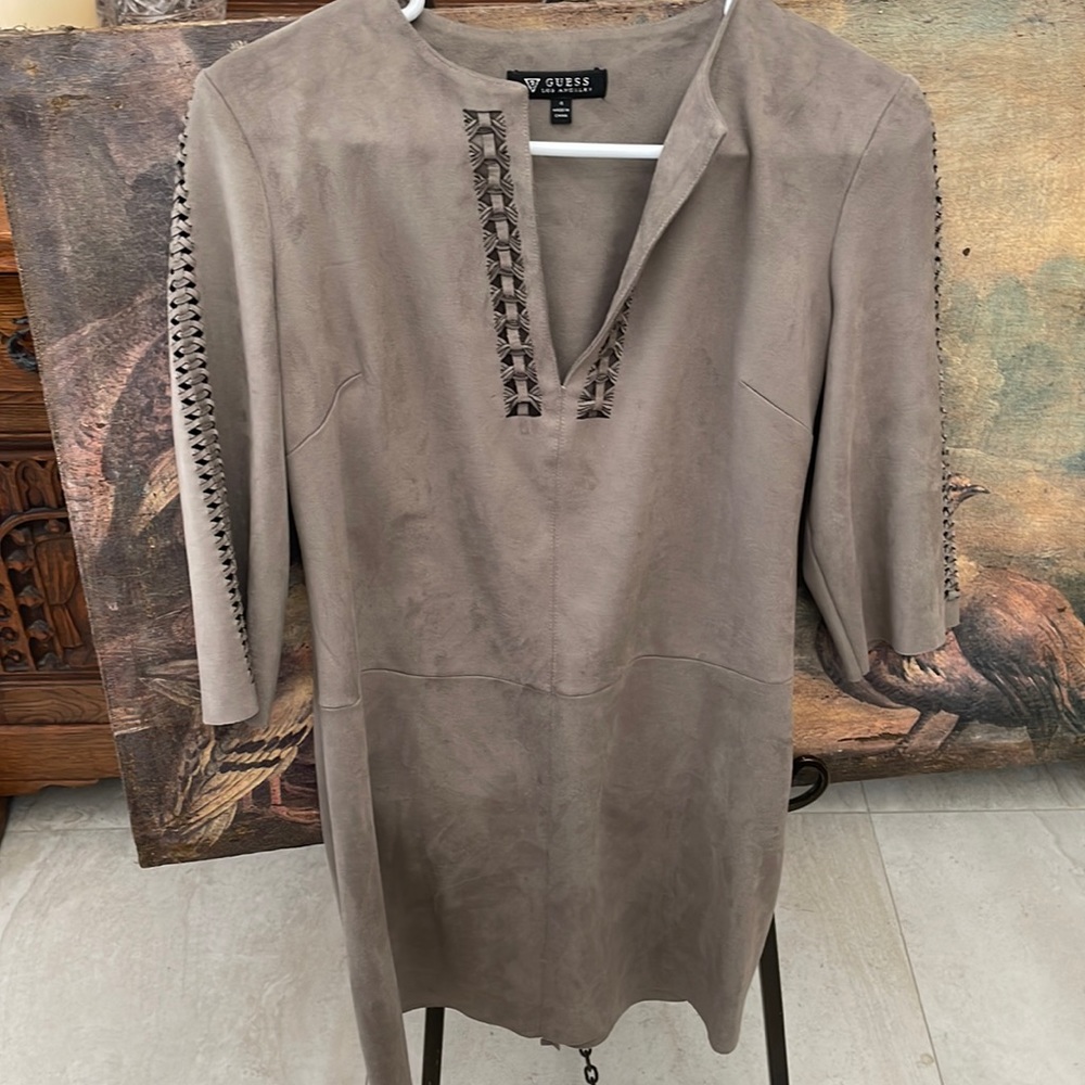 Guess faux suede gray/brown 3/4 sleeve mini dress